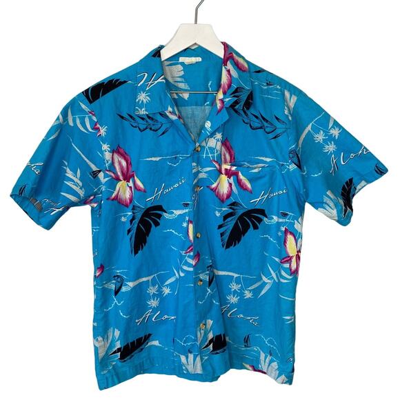 Vintage Bright Blue Hawaiian Shirt Made in USA - Men's Size Large - Picture 1 of 5